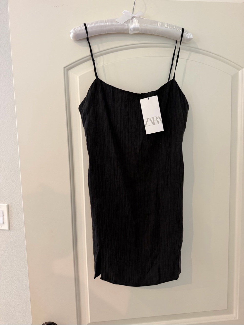 NWT Zara Black Textured Spaghetti Strap Mini Dress